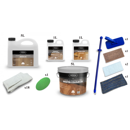 Kit Saving: DC006 (c) Woca Wood Lye white and Woca Master Colour Oil 118 Extra White floor, 16 to 35m2,  Work by hand  (DC)